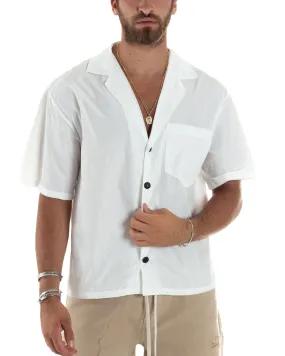 Camicia Uomo Mezze Maniche Nylon Casual Colletto Bowling Collo Con Revers Boxy Fit Tinta Unita Bianco GIOSAL-CC1206A